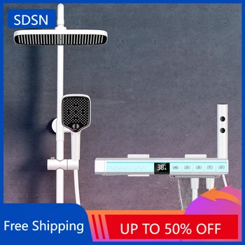 สีขาว Thermostatic ดิจิตอลเปียโนห้องน้ําระบบก๊อกน้ําอุปกรณ์เสริมหัวฝักบัวร้อนเย็นชุดฝักบัวดิจิตอล 1