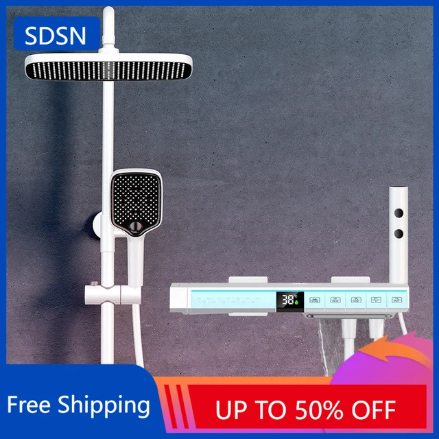 สีขาว Thermostatic ดิจิตอลเปียโนห้องน้ําระบบก๊อกน้ําอุปกรณ์เสริมหัวฝักบัวร้อนเย็นชุดฝักบัวดิจิตอล 1