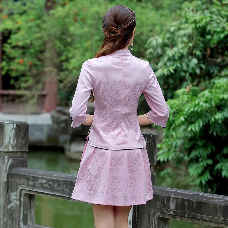 Guzheng Sets Chinese Cosplay Style Qi Pao Fashion Half Sleeve Tang Costume Elegant Short Suit Dress Massage Uniform XXL Clothing