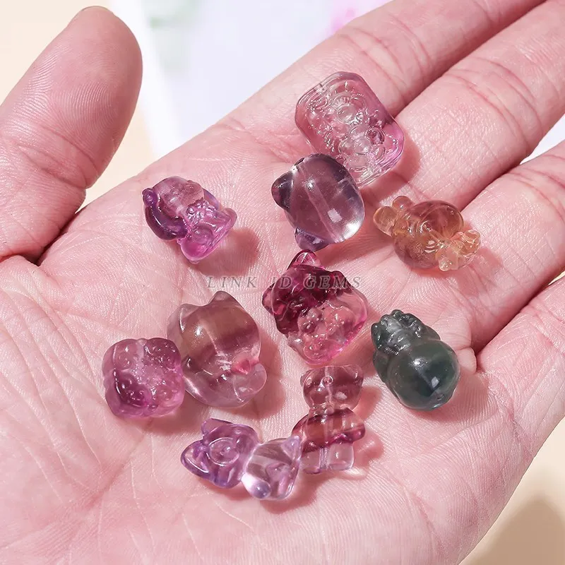10Pcs/lot Natural Fluorite Crystal Carved Animals Shape Wealth Square Flower Lucky Pixiu Cute Bead With Hole For Jewelry Making 3