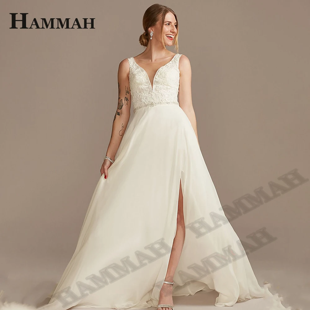 

HAMMAH Delicate Slit Wedding Dresses Appliques Scoop Neck Chiffon Sleeveless Backless Sweep Train Vestidos De Novia Customiesd