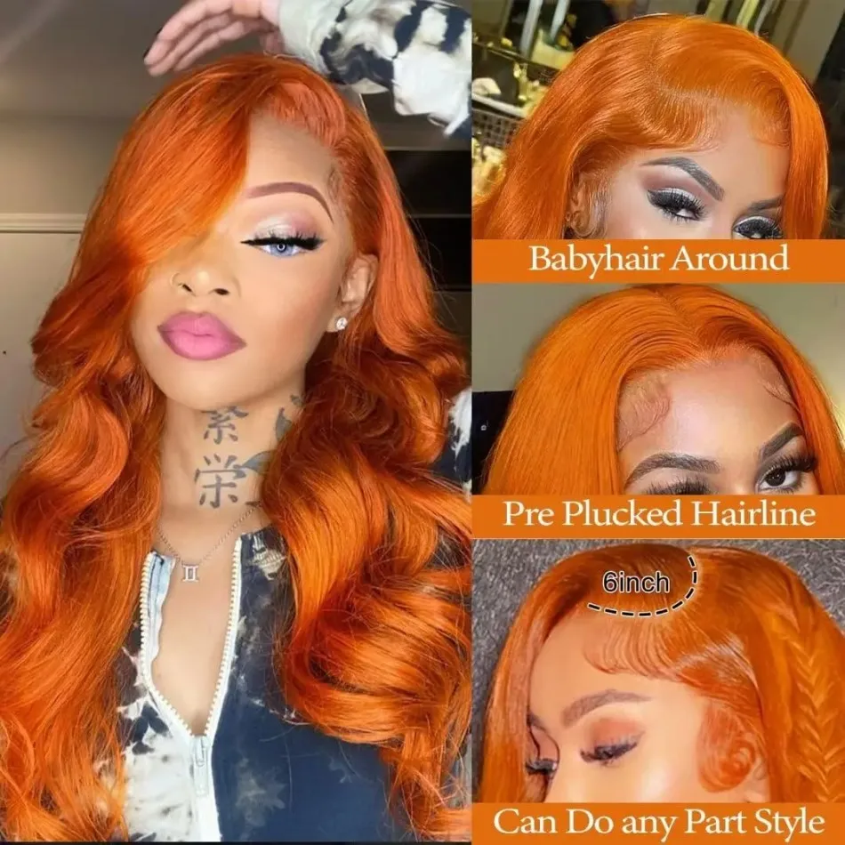 Ginger Hd Lace Wig 13X6 Human Hair Body Wave Human Hair Wigs 100% Lace Frontal Wig 250 Density #350 Colored Preplucked 36 Inch