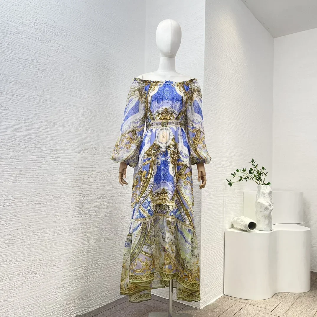 

Floral Print Top Quality Vintage Palace Style Off The Shoulder Long Sleeve Shirred Women Pure Silk 2024 New Clothing Midi Dress