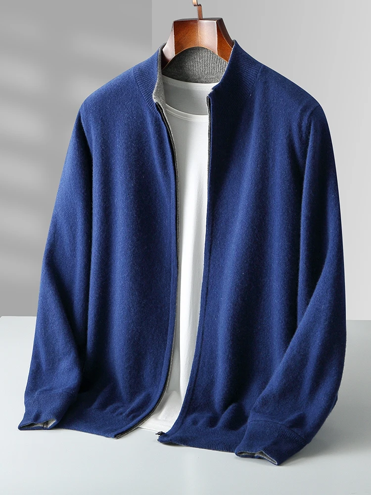 High-end Men Cashmere Sweater Zipper Cardigan Autumn Winter 100% Merino Wool Knitwear Thick Mock Neck Double Sided Wearable Coat 3