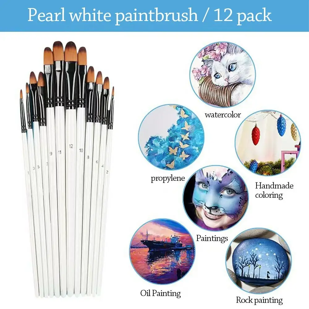12Pcs Nylon Watercolor Brush Set Soft Hair Pointed Round Flat Head Painting Brushes Artists Beginner's Art Hand Drawn Watercolor