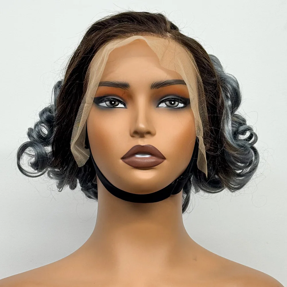 8 Inch 13x4 Transparent Lace Front Loose Wave Human Hair Wig Gray Color 250% Density Short Bob Bouncy Curly Wigs for Black Women