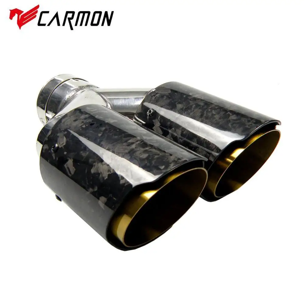 

Dual Forged Carbon Fiber + Golden Chrome Stainless Steel Car Exhaust Tip Double End Pipe for BMW BENZ VW Golf