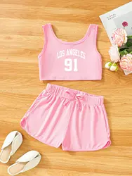 2024 New Girls Solid Color Suit 2 Piece Costume Set Casual Sleeveless Top + Shorts Set Kids Fashion Summer Clothing Set