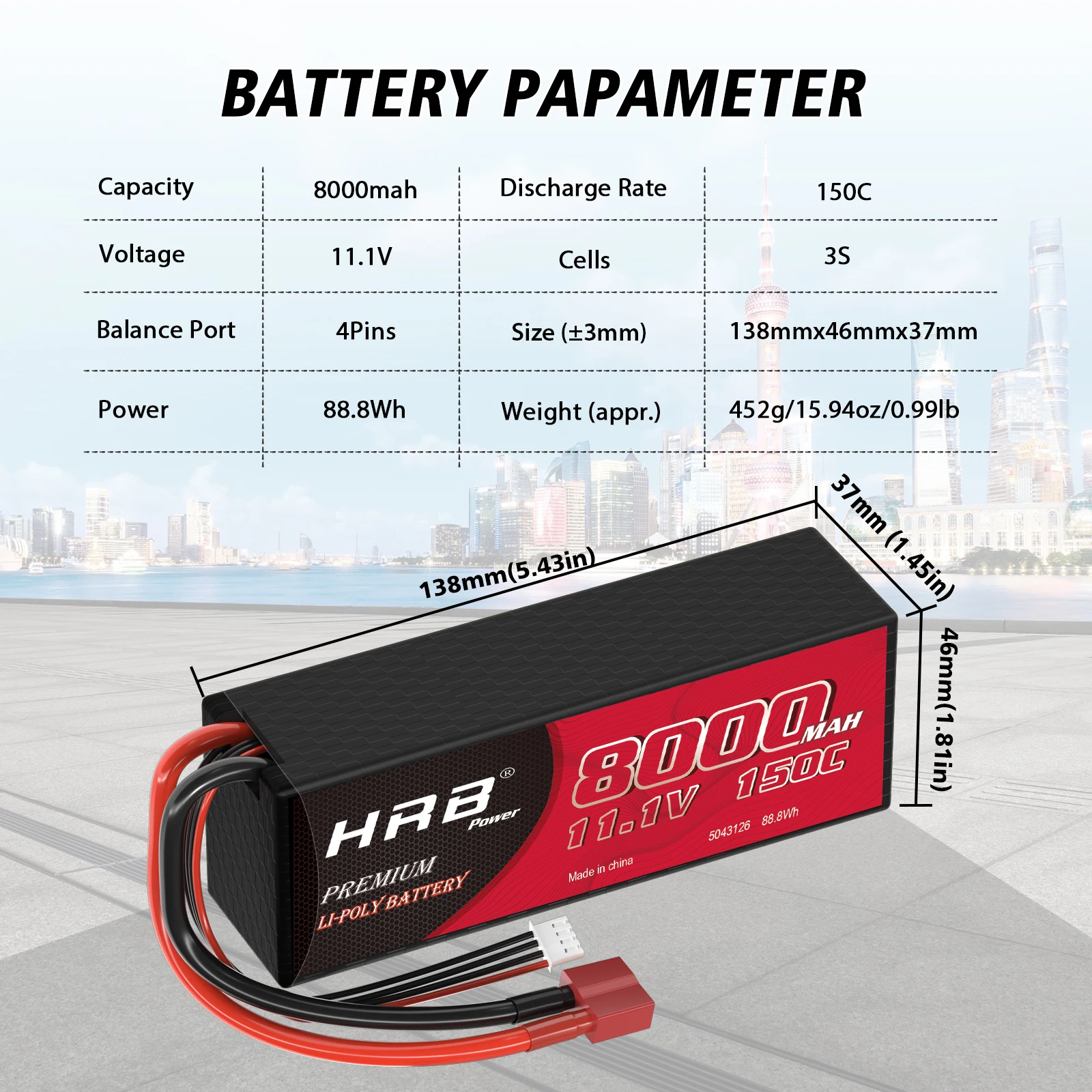 HRB 3S Lipo Battery, BATTERY PAPAMETER Capacity 80OOmah Discharge Rate