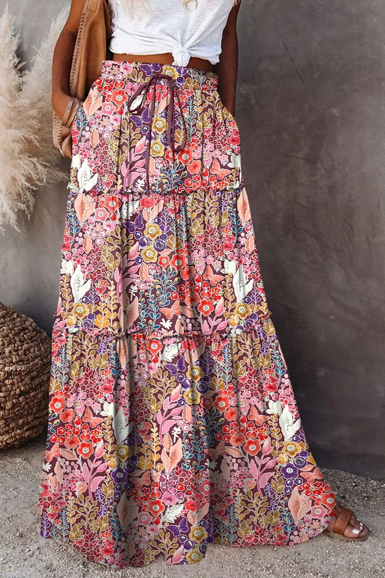 Jupe Femme EAST - Multicolore Fleurie - Taille 10 - Longueur Genou - Ligne A - Coton