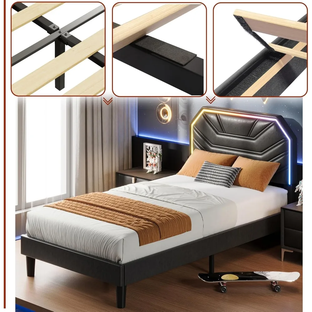 Twin XL Bed Frames with Lighted Headboard, Upholstered Modern Cama Twin XL Platform Bed with Heavy Duty Supports 3