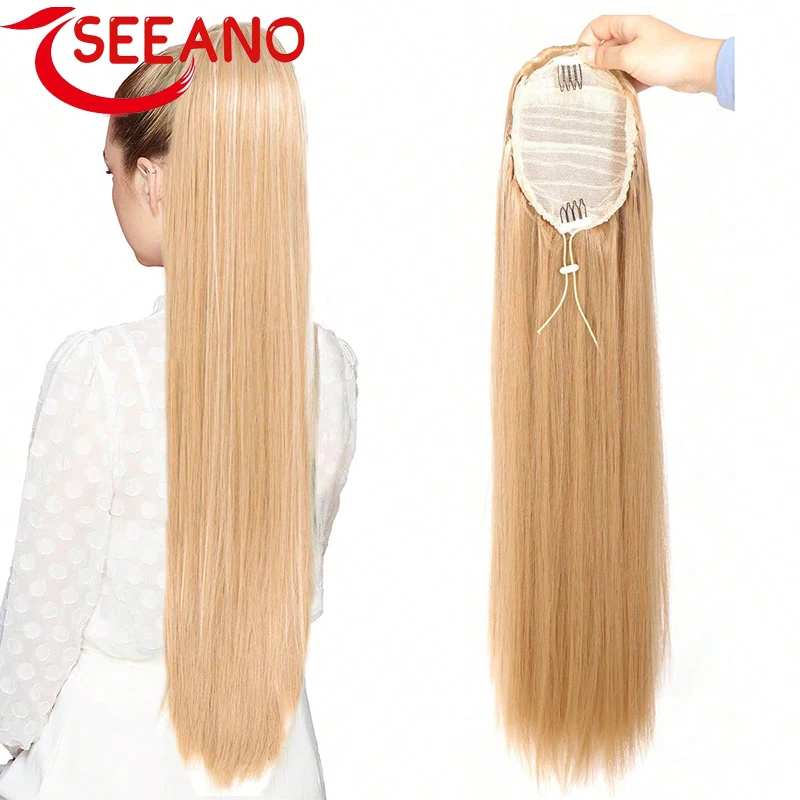 

SEEANO Synthetic Ponytail Extensions Clip in Synthetic Drawstring Ponytail Long 26Inch Straight Pony Tail Women Hairpiece