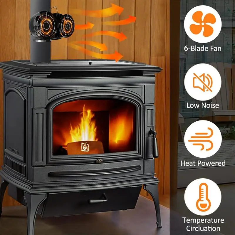 Non-Powered Stove Fan Home Double Headed 12 Blades Black Fireplace Fan Log Wood Burner Eco-fan Quiet Efficient Heat Distribution