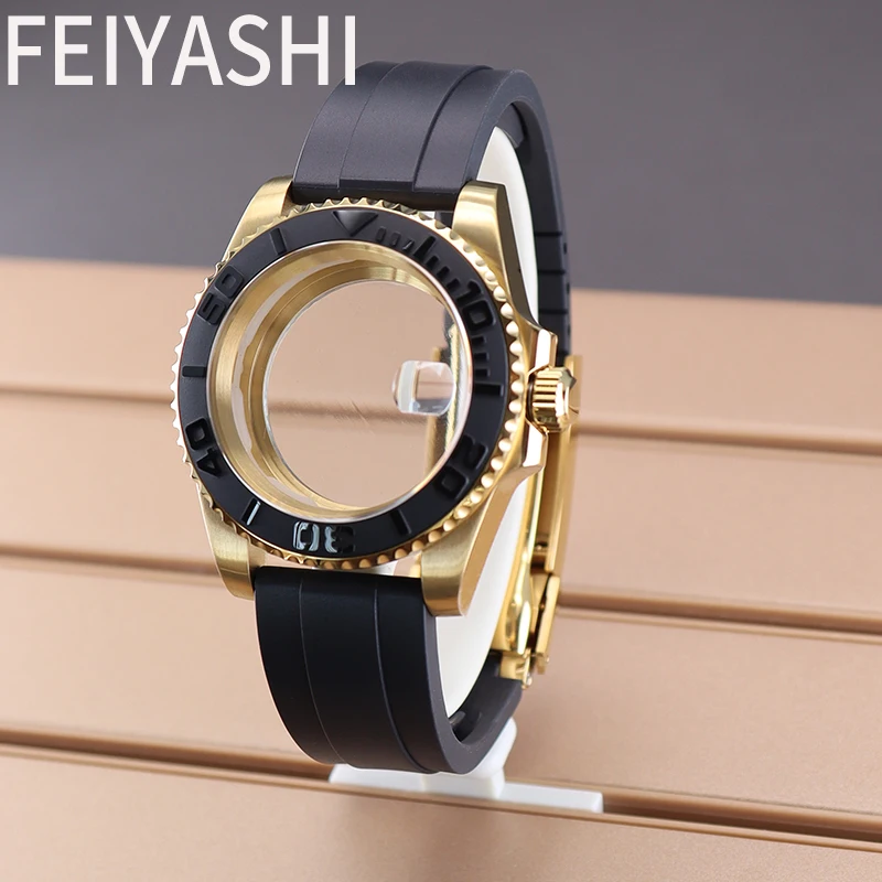 

40mm Gold Men's Watches Cases Rubber Watchband Parts For YACHT-MASTER nh34 nh35 nh36 Miyota 8215 Eta 2824 Movement 28.5mm Dial