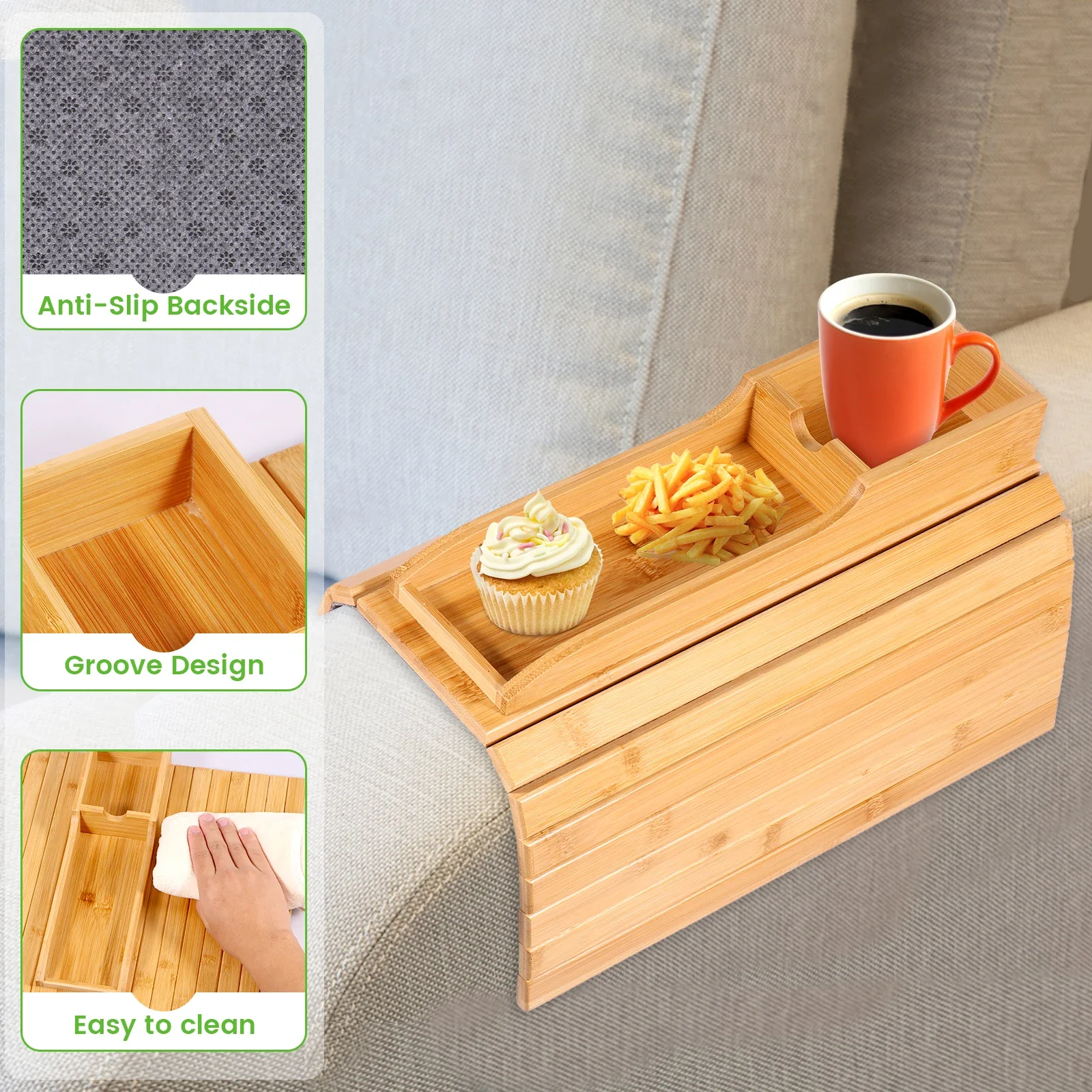 Couch Cup Holder Natural Bamboo Sofa Armrest Tray Foldable