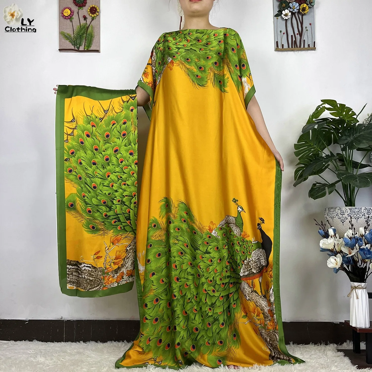 2023 New African Fashion Short Sleeve Colored Pattern Dubai Women Summer Real Silk Soft Printing Loose Tradition Muslim Dress 2