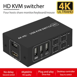 Boîte de commutation KVM USB 4K, 4 Ports, Compatible HDMI, prise en charge des commutateurs KVM, pour PC, imprimante, clavier, souris sans fil, USB et PS2 
