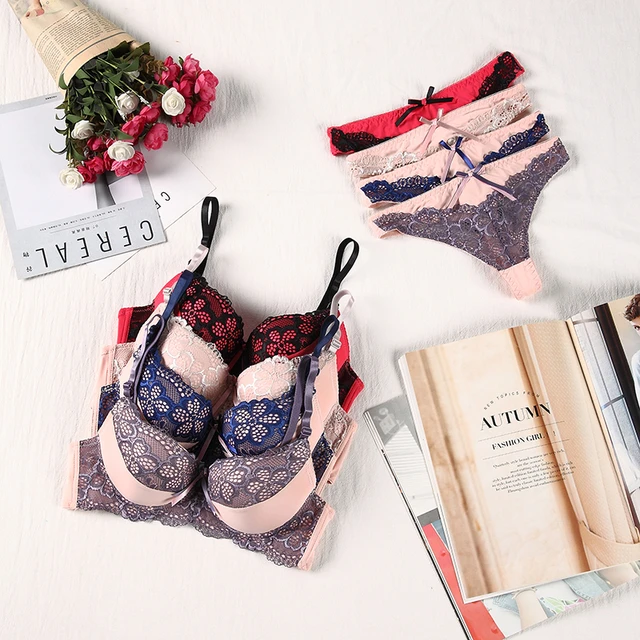 Women Underwear Bra Sets Lingerie Suit Sexy Push Up Lace Bra and Panties  Set ABC 