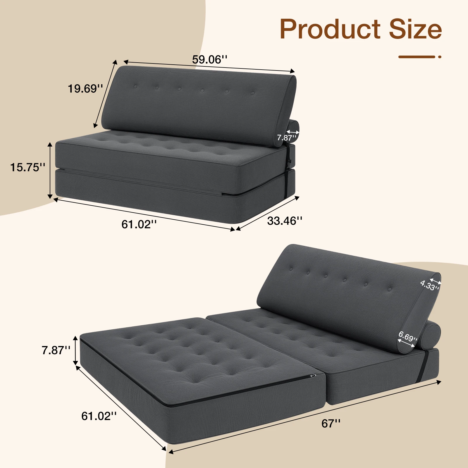 Klappbares Schlafsofa in Queensize, Verwandelbarer Sessel mit Hochdichter Schaumstofffüllung und Kissen, Sessel-Bett für Wohnzimmer – Detail 7
