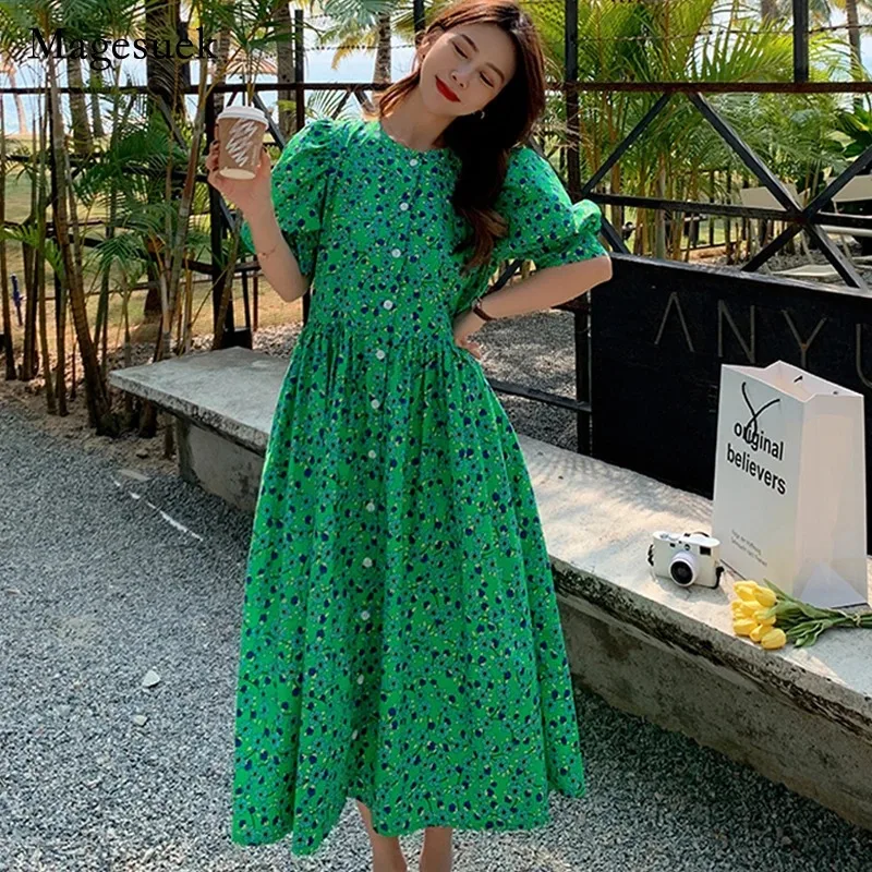 Summer New Women's Short Sleeved Retro Printed Long Skirt Women's Casual Floral Skirt Women's Loose Green Dress 15686