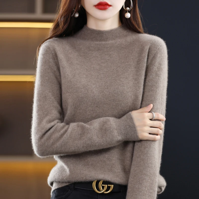 

100% Pure Wool Half-neck Pullover Autumn /Winter Cashmere Sweater Woman Casual Knitted Tops Female Jacket Korean Fashion