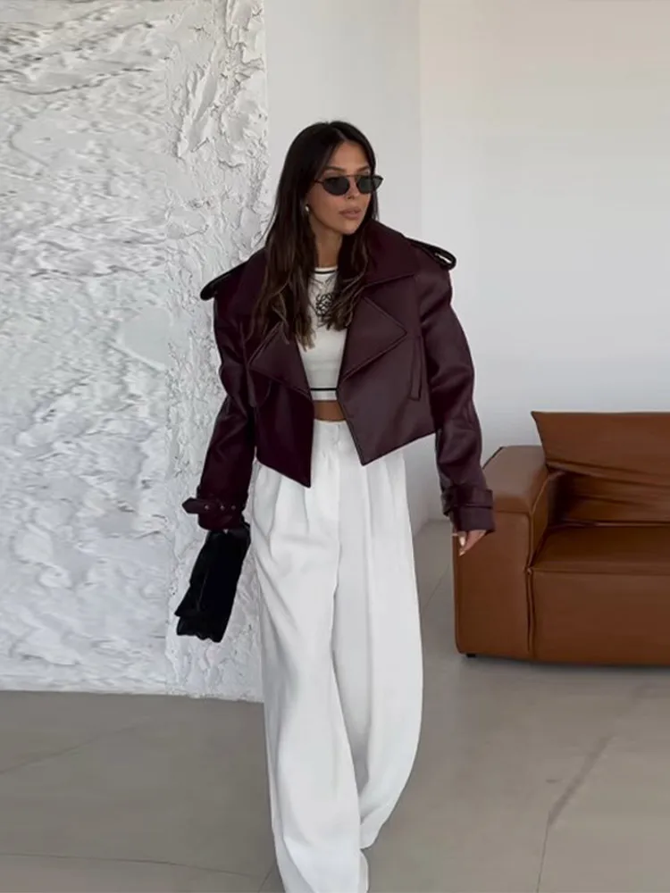 Elegant Burgundy One Button Leather Overcoats For Women Fashion Flip Pockets Loose Solid Jackets 2024 Lady Chic Street Outerwear 2