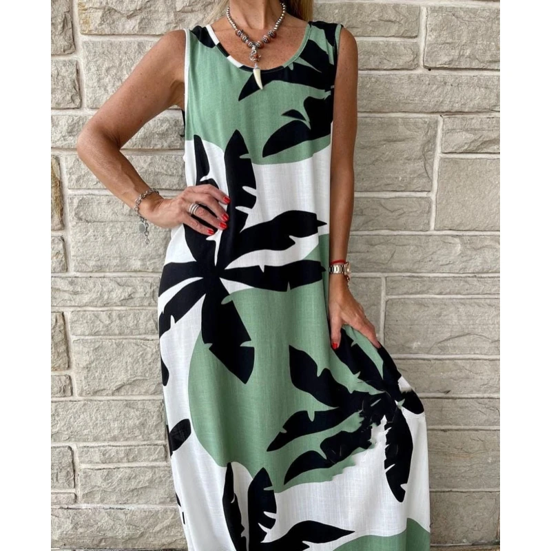 

Ladies Long Dress 2023 Summer Fashion And Elegant Green Leaf Printing Sleeveless Round Neck Loose Waist Pullover Dresses Womens