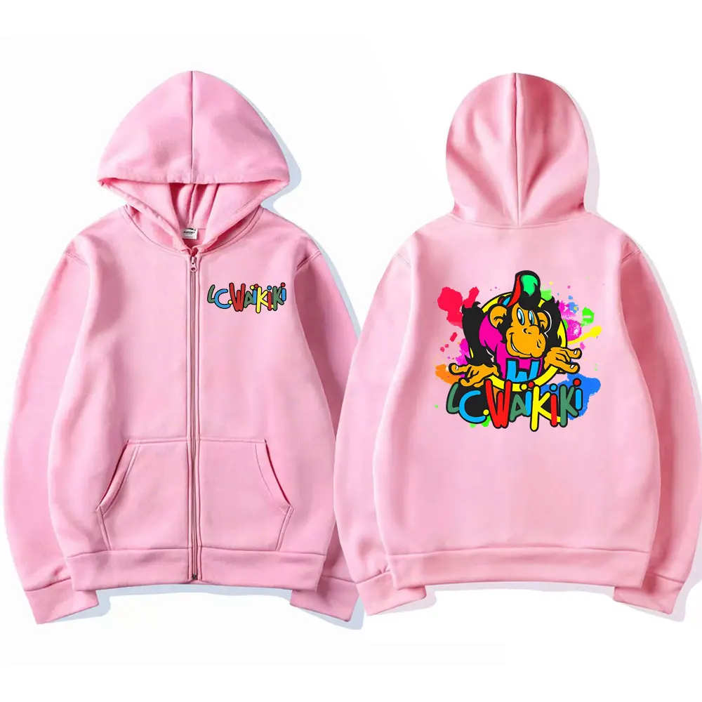 Lc Waikiki Monkey Graphic Zipper Hoodie Funny Men Women's Cartoon Monkeys Zip Up Jacket Male Fashion Oversized Sweatshirt Coat