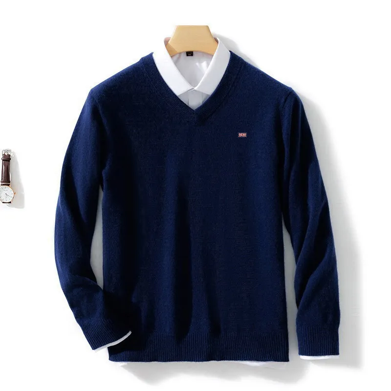 Autumn Winter Korean New 60 Mink Cashmere Men's Cold Top Solid V-Neck Pullover Casual Soft Sweater Plus Size 5XL 2