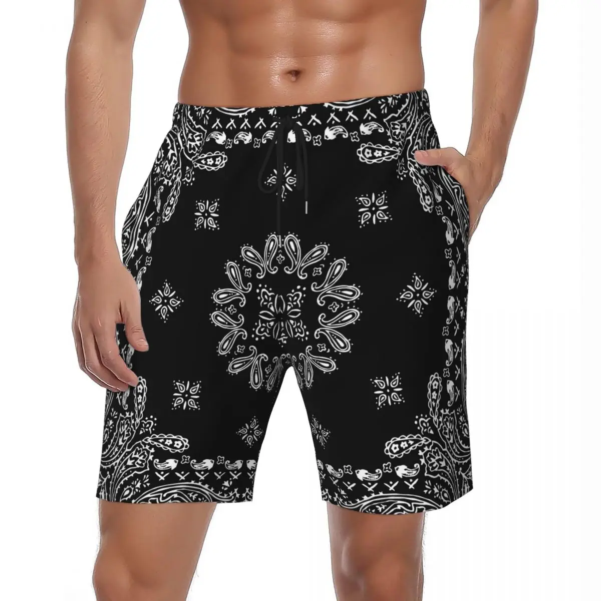 

Summer Board Shorts Men Floral Paisley Surfing Black Retro Design Beach Short Pants Casual Quick Dry Beach Trunks Plus Size 3XL