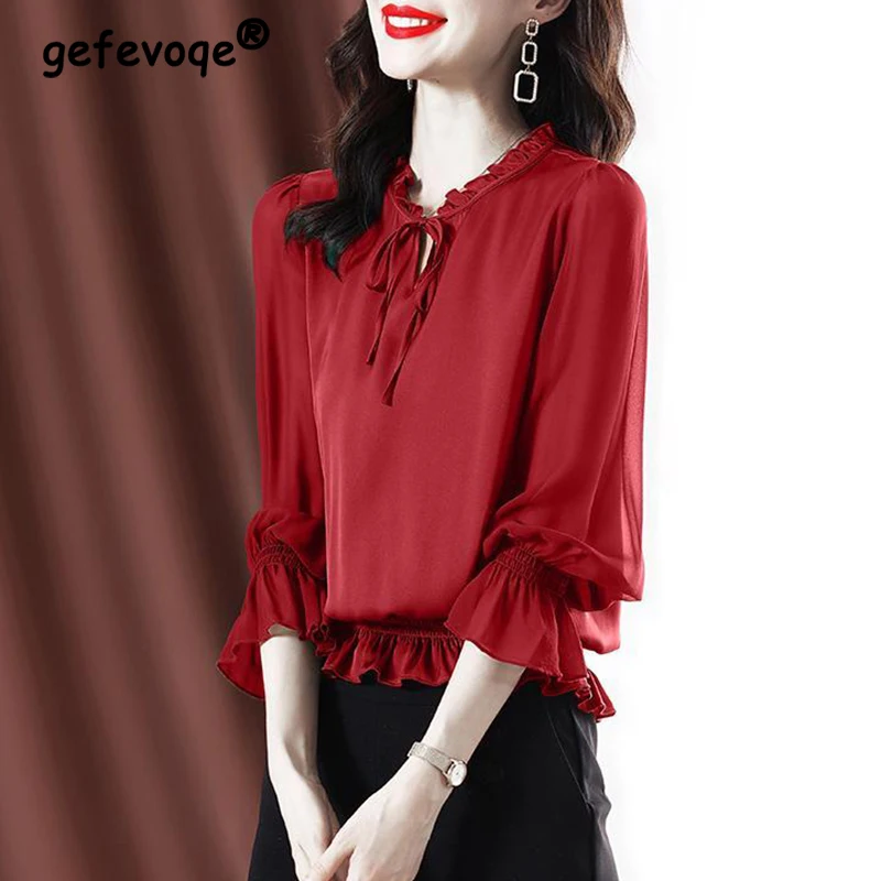 

Summer New Solid Elegant Fashion Aesthetic Casual Shirt Women Long Sleeve Loose Sweet Sexy Lady Blouse All Match Female Clothes