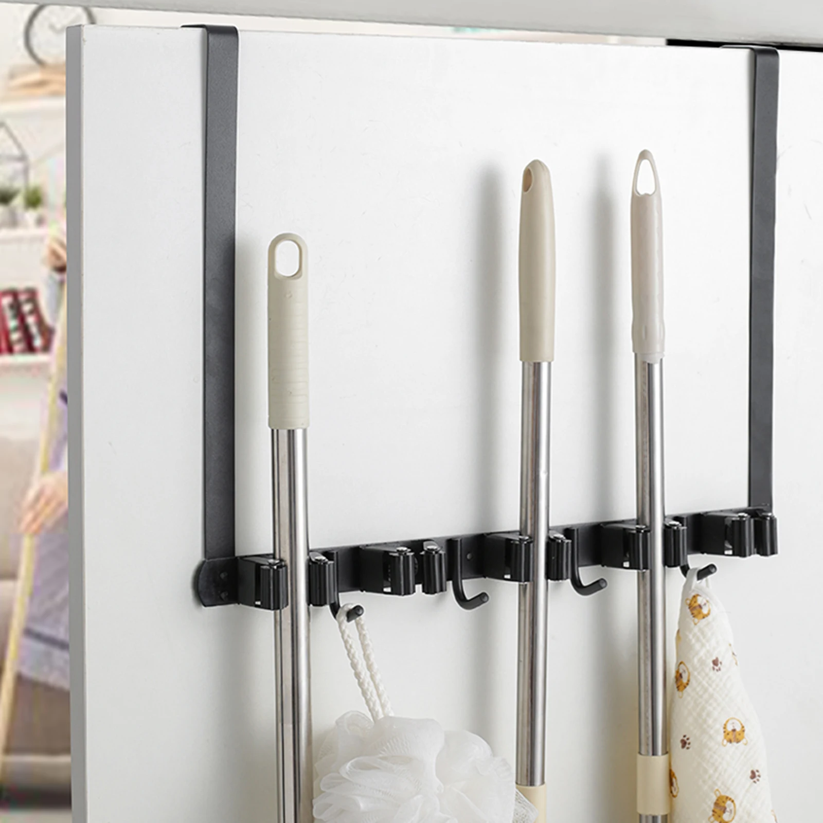 Wall Mount Mop Storage Rack Over The Door Broom Holder Hooks Stainless Steel Kitchen Bathroom Tool Organizer Accessorie