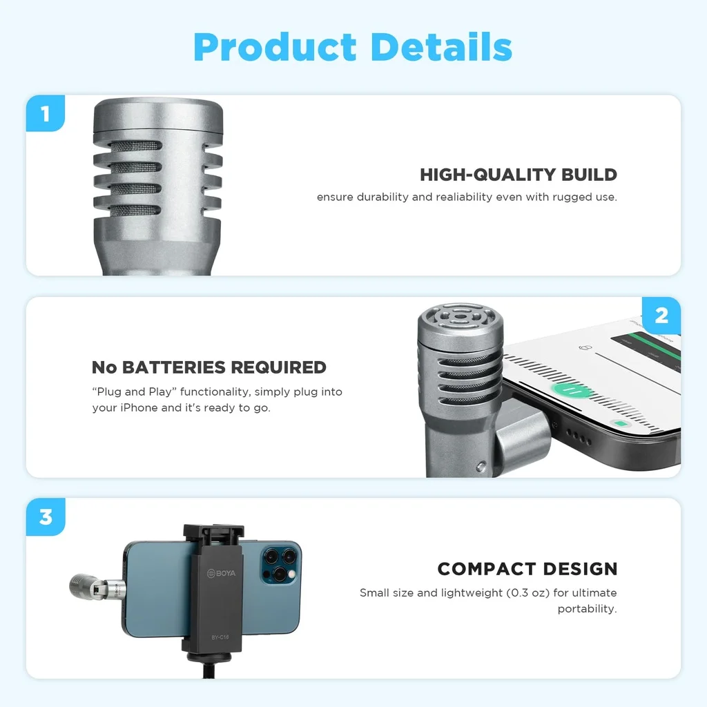 BOYA BY-P4D Mini Plug and Play Portable Condenser Microphone for iphone 13 14 ipad iOS Devices Youtube Live Video Recording Vlog