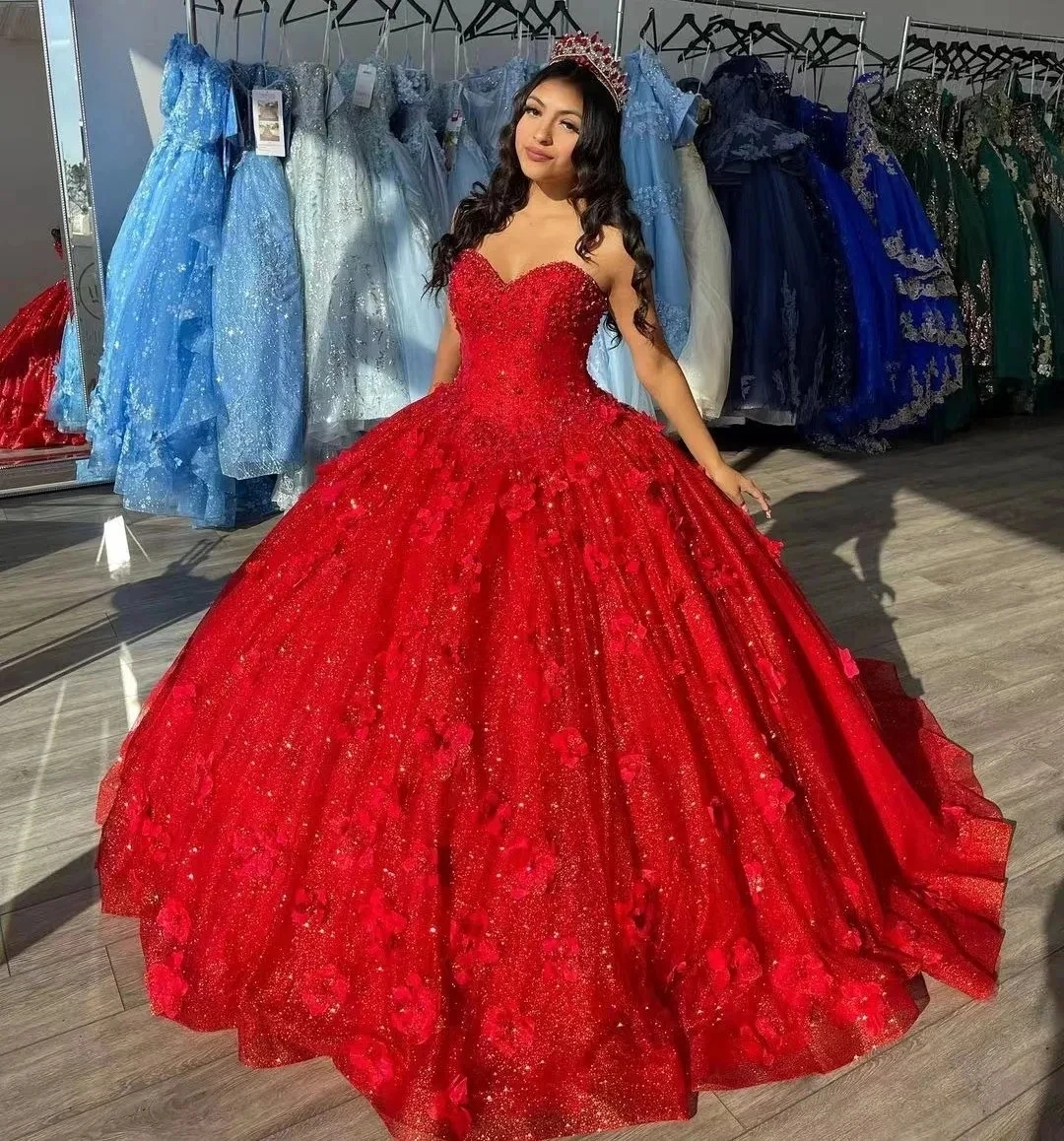 ANGELSBRIDEP Sparkly Red Ball Gown Quinceanera Dresses Vestidos De Festa 3D Flower Beading Formal Birthday Party Gowns Corset