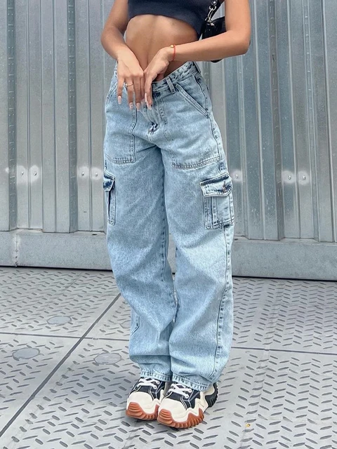 Pantalones vaqueros holgados de cintura alta para mujer, Jeans Cargo de pierna y recta con bolsillo de solapa corte holgado, ropa de calle ajustada, Jeans Boyfriend _ - AliExpress