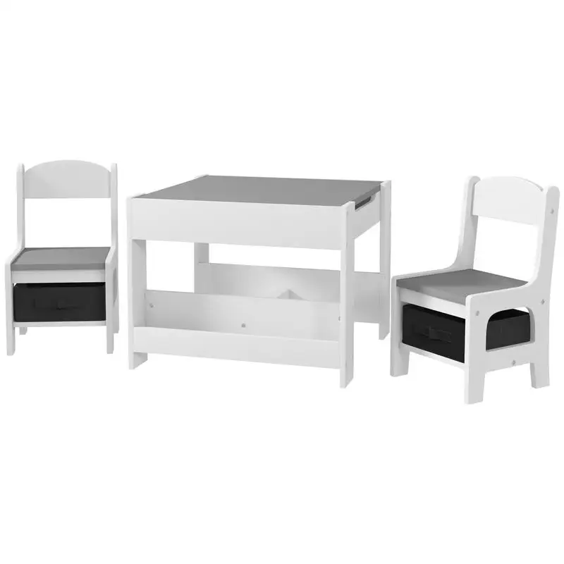 Qaba 3pc Kids Table and Chair Set with Reversible Tabletop Blackboard, Storage & Bookshelves, Gray