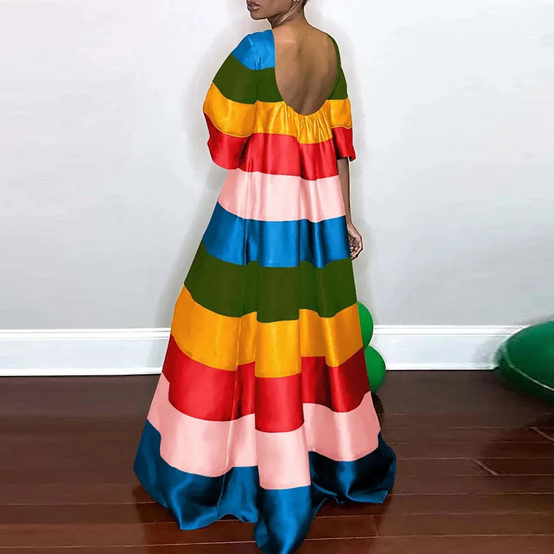 

Women Sexy Backless O Neck Party Dress Fashion Colorful Rainbow Stripe Female Long Dress Casual Short Sleeve Loose Pullover Robe