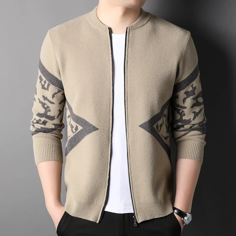 

Zipper Cardigan Mens Sweater Spring Autumn Contrast Color Casual Knitted Male Simple Stand Collar Man s