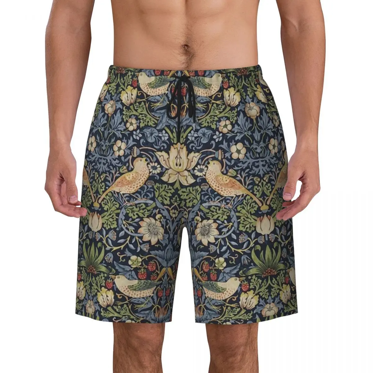 

William Morris Strawberry Thief Pattern Print Men Swim Trunks Quick Dry Swimwear Beach Board Shorts Vintage Textile Boardshorts