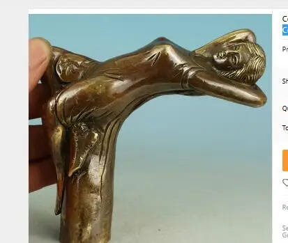 

100% bronze Pure Copper Brass Grandpa Good Lucky Chinese Old Bronze Handmade Carved belle Collect Statue Walking Stick Head