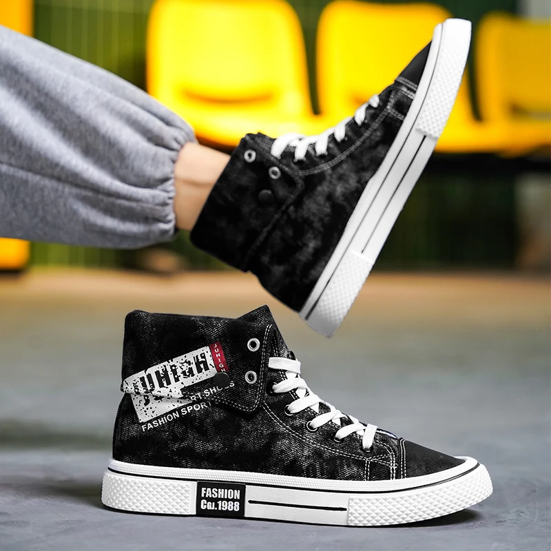 HKDQ High Top Canvas Shoes Men Fashion Casual Blue Men's Vulcanize Shoes Street Style Breathable Denim Designer Sneakers For Men 4