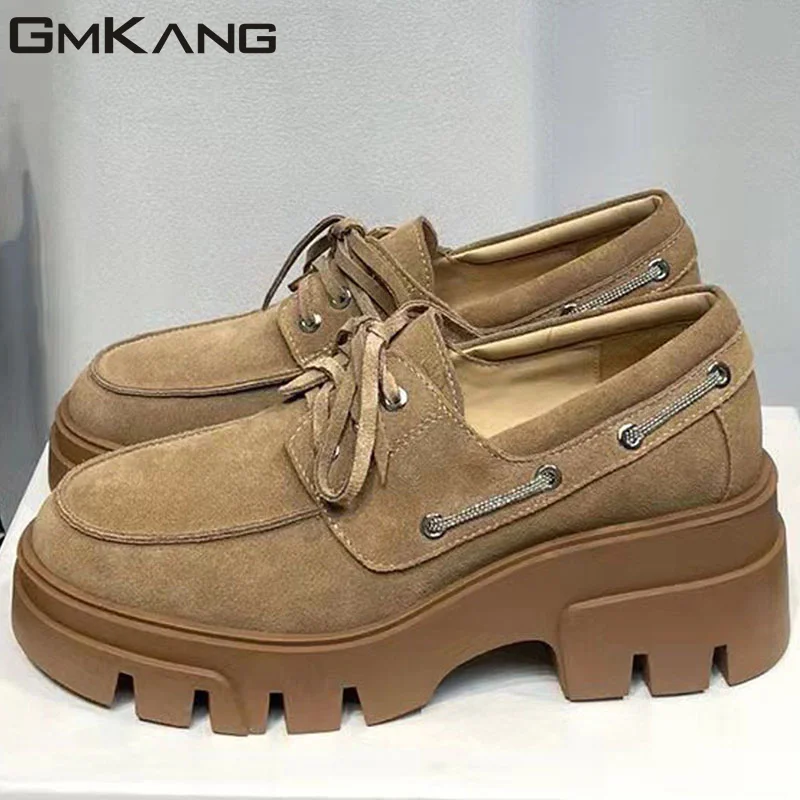 

2023 Thick Sole Shoes Women Cow Suede Height Increasing Shoes Lace Up Fringe Round Toe Loafers Women Flat Platform Shoes Woman