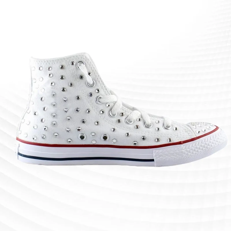 

Handmade custom white high top silver rhinestones accessory canvas shoes integrated sports casual shoes Unisex shoes 35-46