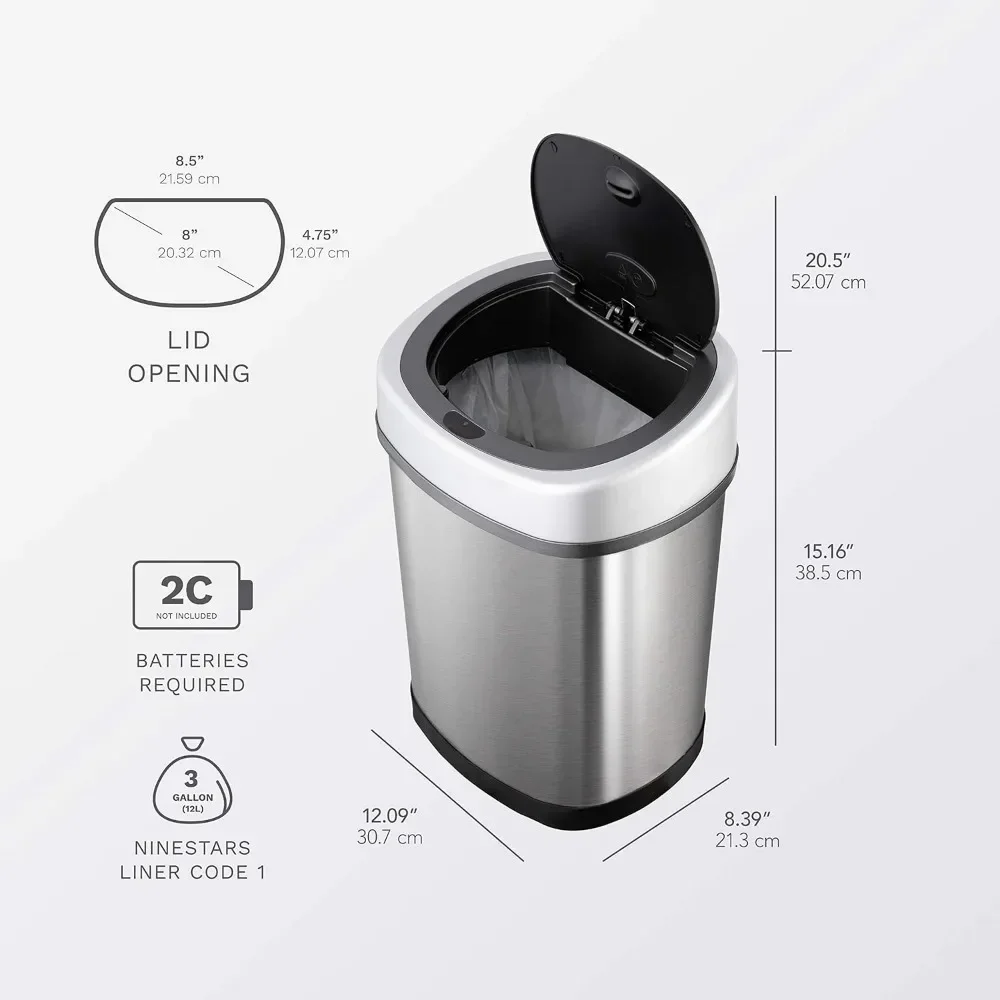 Automatic Touchless Infrared Motion Sensor Trash Can Combo Set, Stainless Steel Base (Oval, Silver/Black Lid) Quality Materials 5