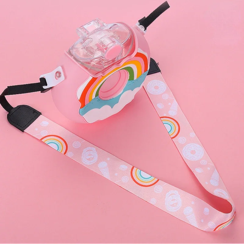 380ml Donut Water Bottle with Straw BPA Free Leak Proof Sports Cups Toddler Drink Bottle with Shoulder Straps Baby Straw