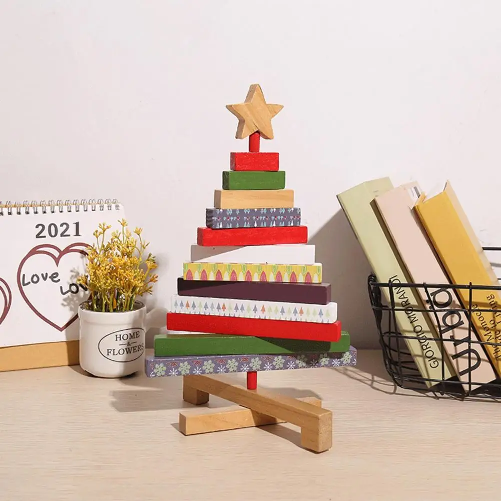 

Small Christmas Tree Ornament Christmas Decoration Rotating Wooden Christmas Tree Building Blocks Festive Desktop for Home