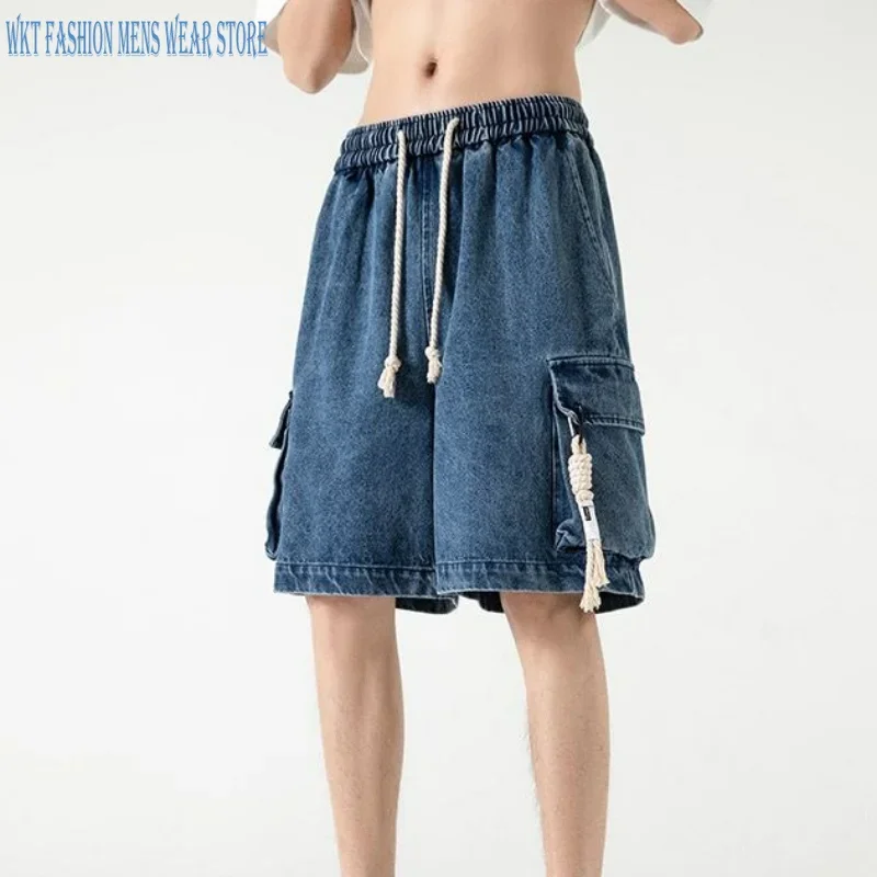 Men's summer denim shorts home casual large pockets outdoor sports gym shorts straight loose basketball shorts men's clothing