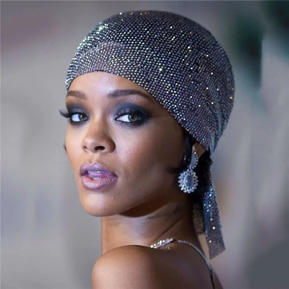 Elegant Crystal Rhinestone Bandana Turban Vintage Aurora Borealis Hair Band Sparkling Hip Hop Fishnet Headscarf Party