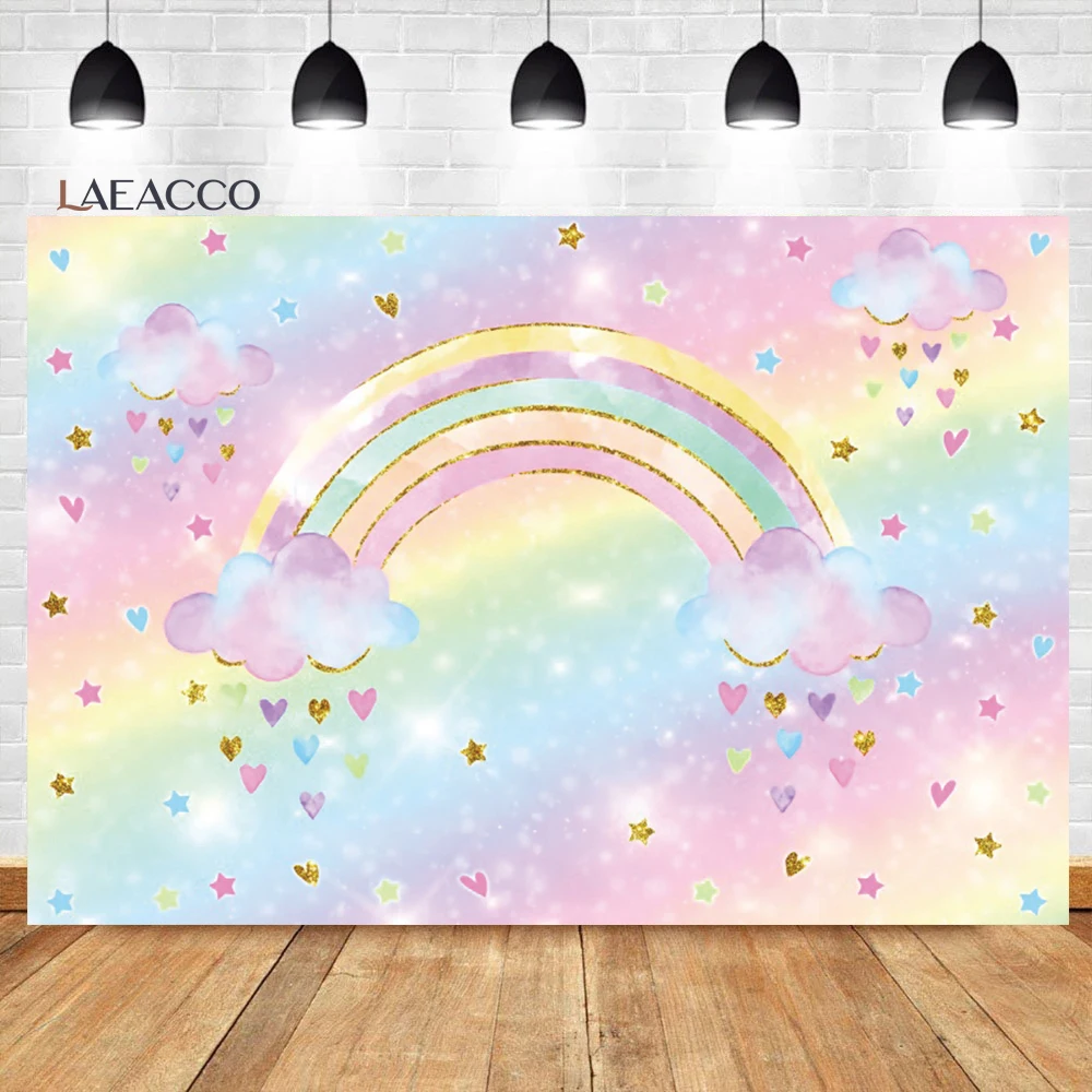 

Laeacco Rainbow Birthday Backdrop Colorful Clouds Love Heart Stars Kids Baby Shower Portrait Customized Photography Background