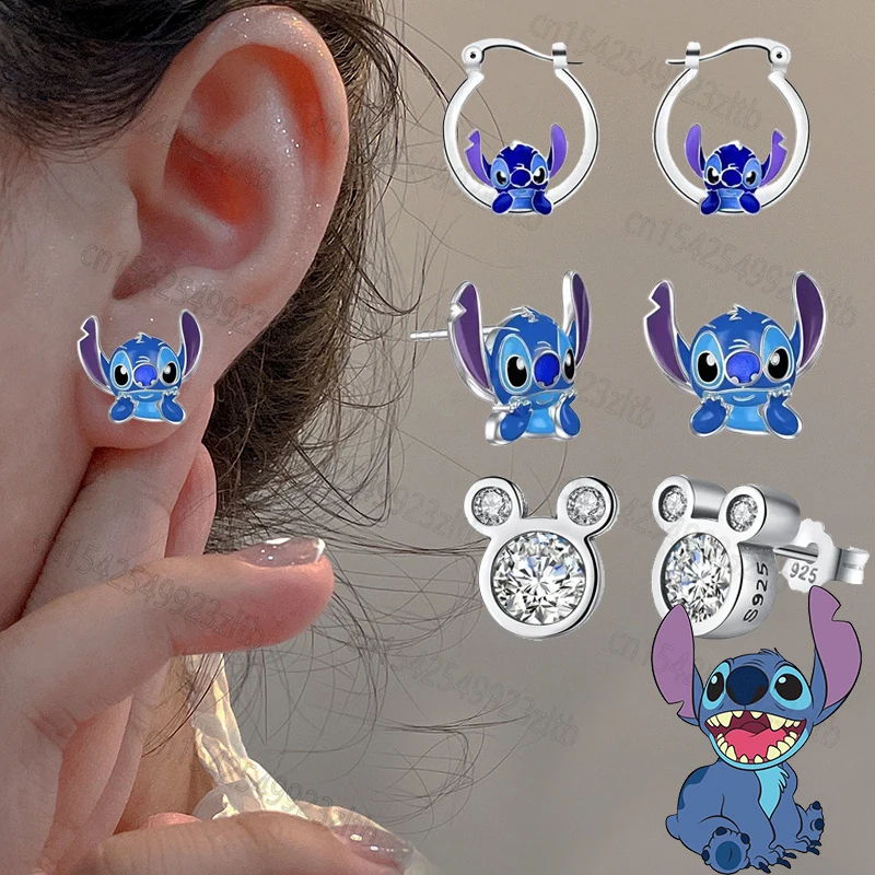 thumbnail image 1 of Pendientes de orejas de Disney Stitch, pendientes de metal Kawaii de Mickey Mouse, pendientes tipo botón, accesorios de joyería delicados para mujer, regalos de Navidad para niña, 1 of 5